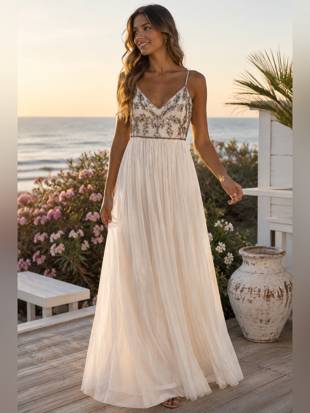 Adrianna Papell 4 Beaded Sequin Embellished Maxi Gown Formal Evening Dress Prom